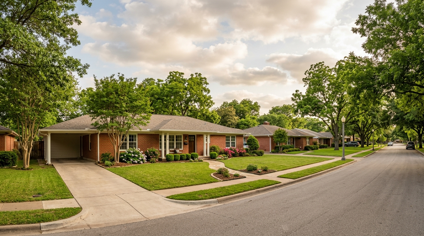 Suburban brick home in Denton Texas on a clear spring day with a green lawn and partly cloudy sky overhead