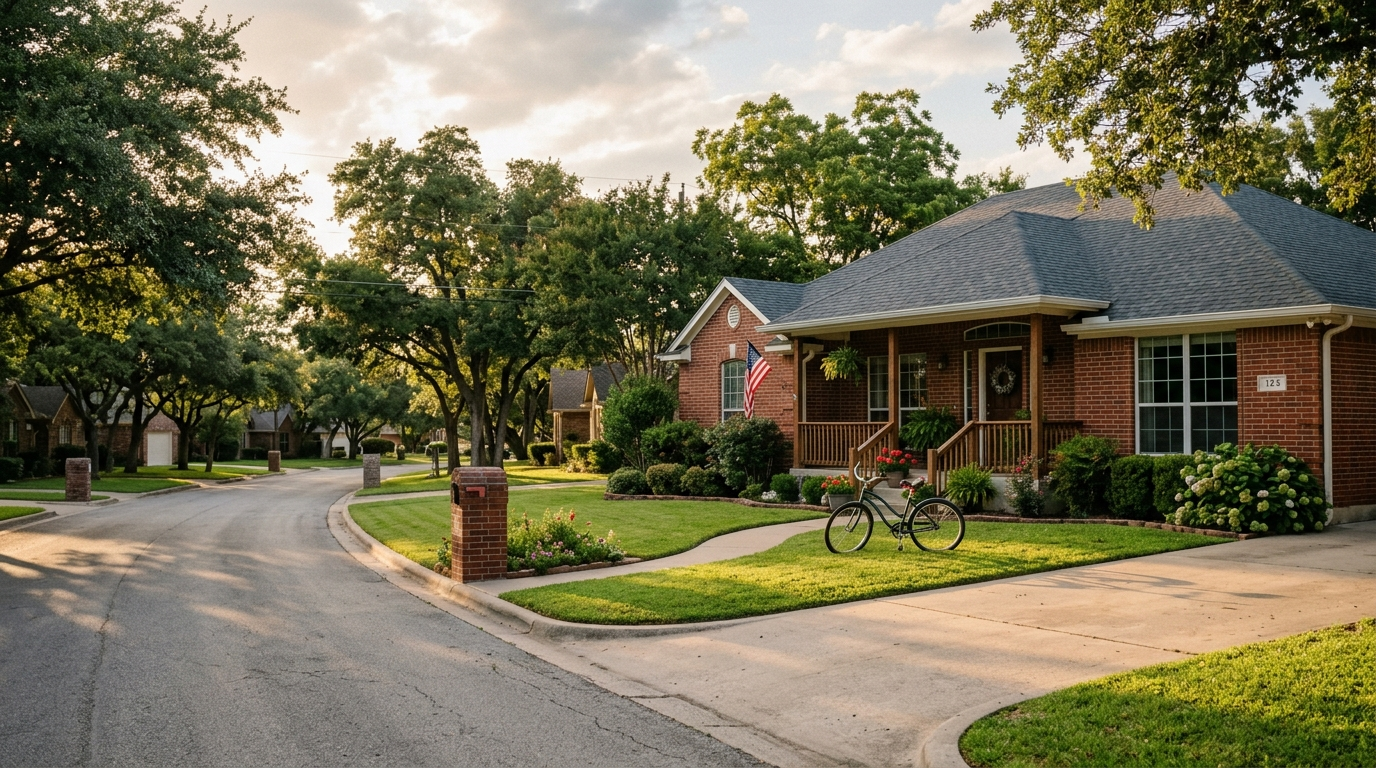 A single-story brick home in Harker Heights Texas on a clear sunny afternoon with a well-kept lawn and a two-car garage