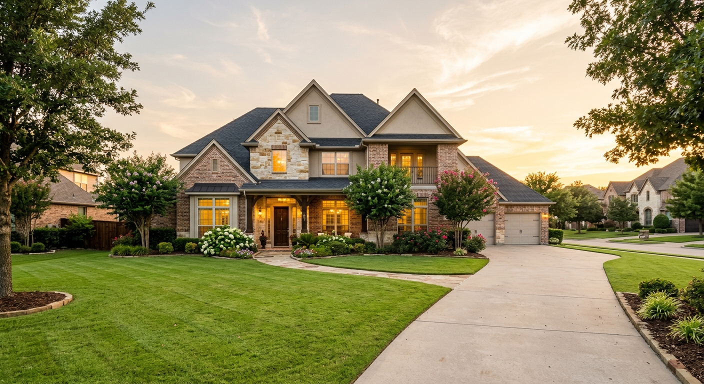 Suburban home in Highland Village TX with green lawn and clear blue sky on a calm afternoon
