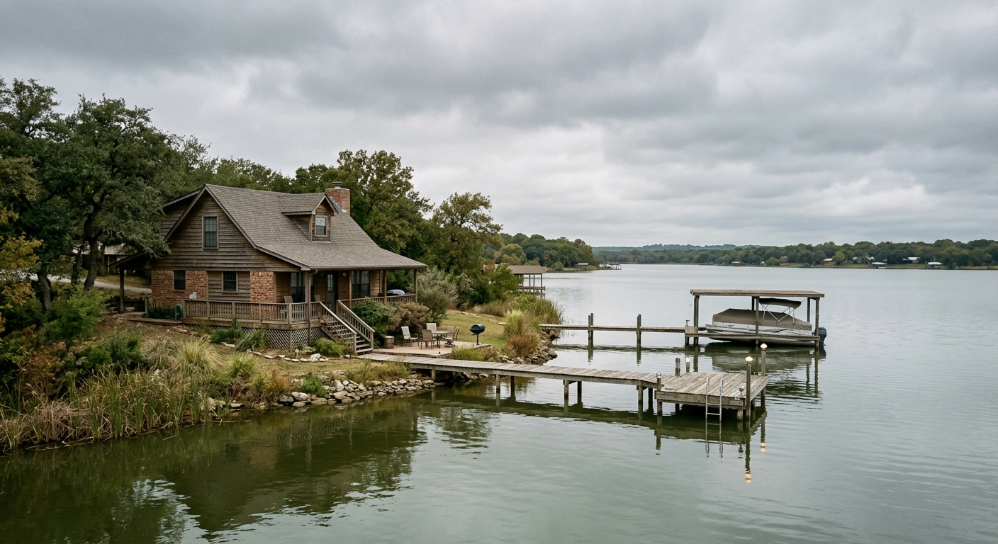 Lakefront homes along a calm Texas lake at dusk with warm light reflecting on the water