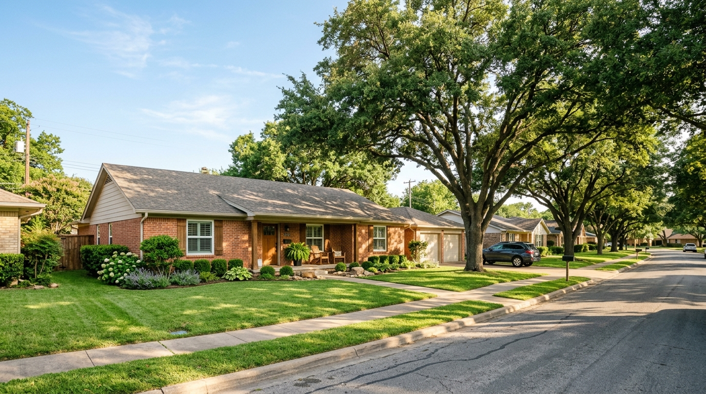 Suburban home in Roanoke Texas with a clear blue sky and a manicured front lawn on a quiet residential street