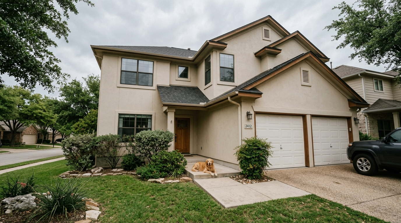 Brick ranch-style home in a Round Rock Texas neighborhood under a partly cloudy spring sky