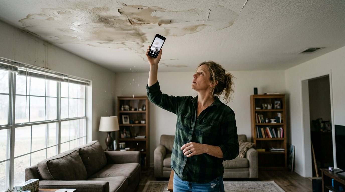 Texas homeowner speaking with an insurance adjuster outside a storm-damaged house with hail-dented roof shingles