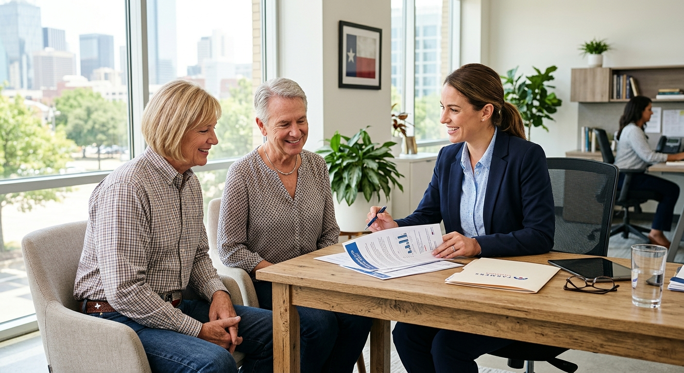 Independent insurance agent reviewing policy documents with a client at a desk in a central Texas office
