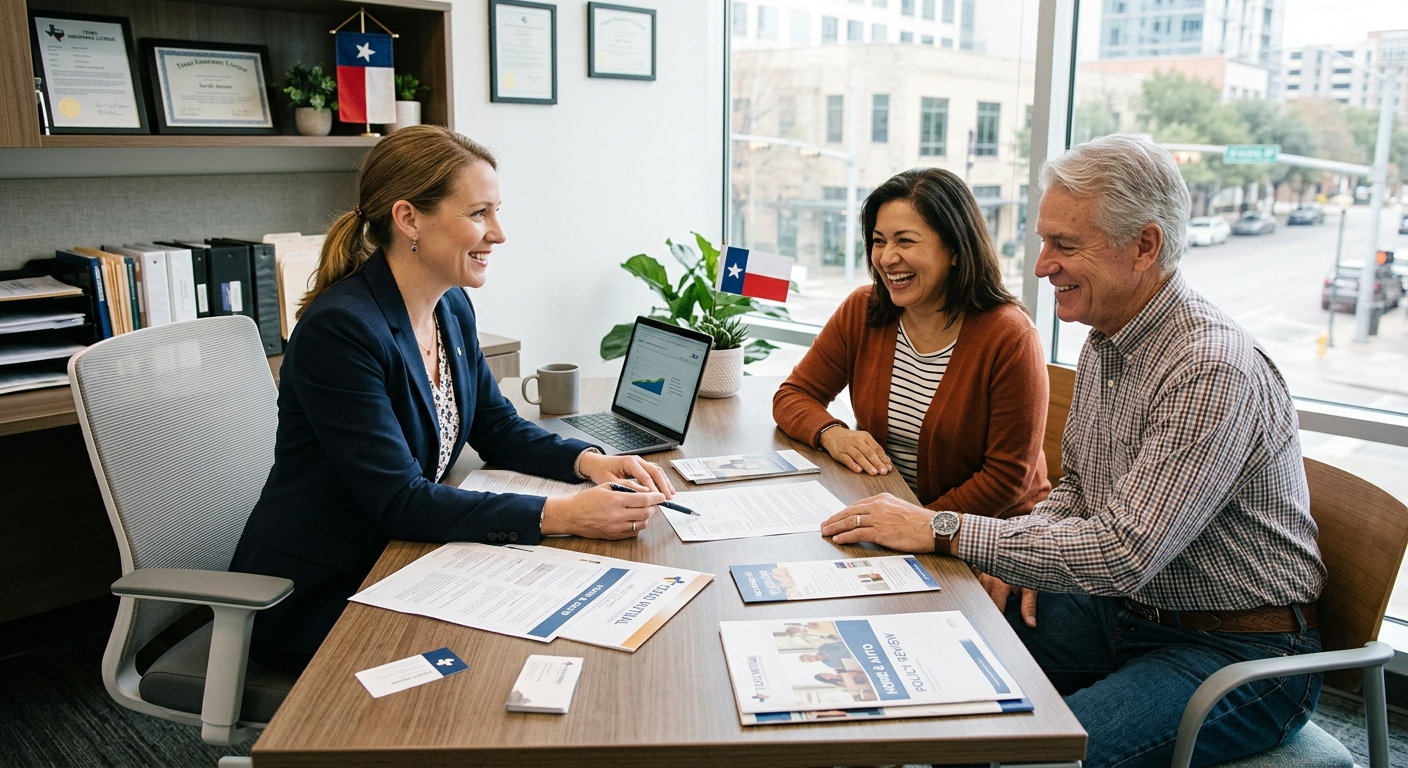 A local insurance agent sitting across a desk from a couple, reviewing policy documents in a Central Texas office
