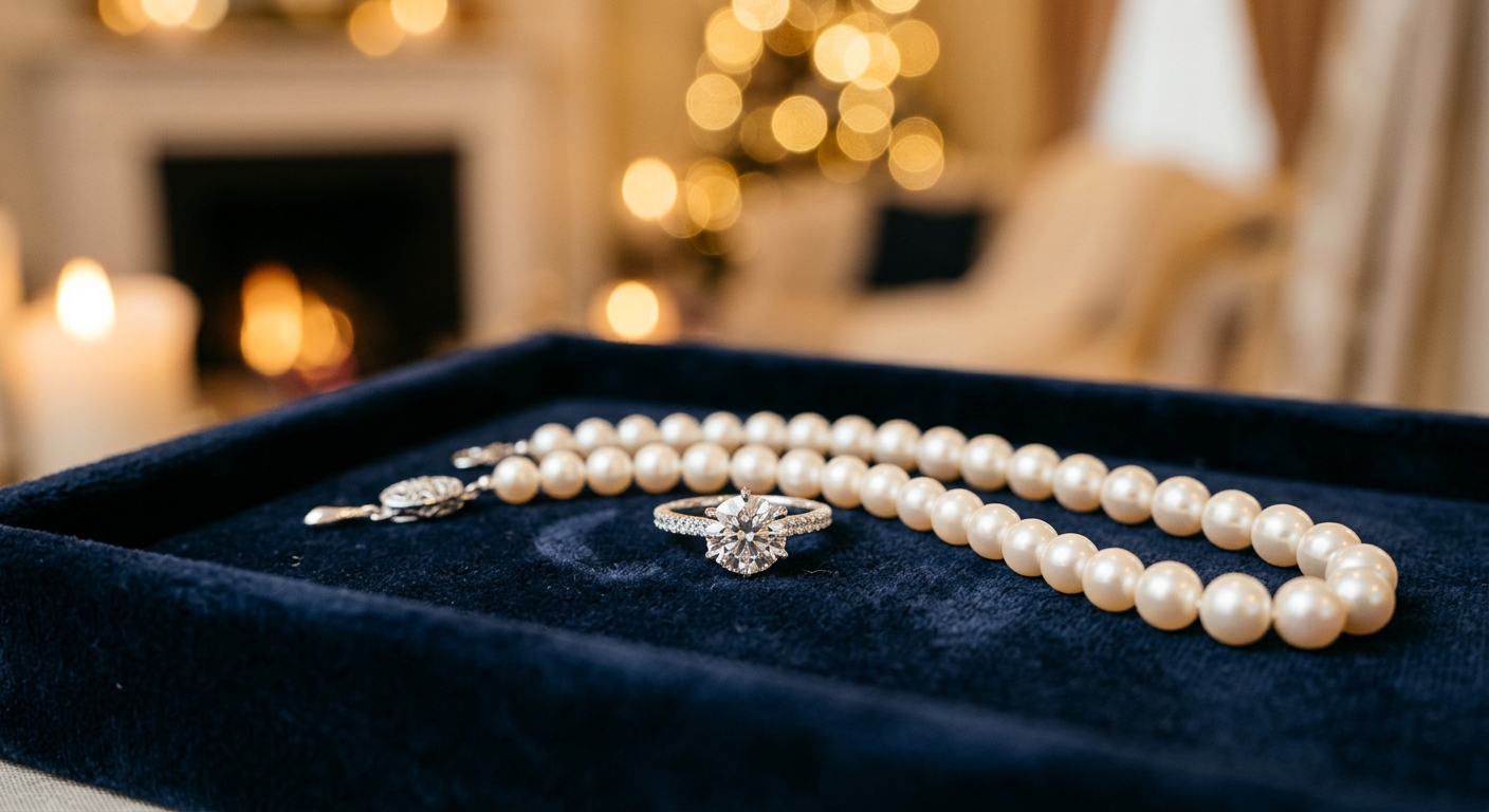 Close-up of a diamond engagement ring and pearl necklace resting on a wooden jewelry box in warm natural light