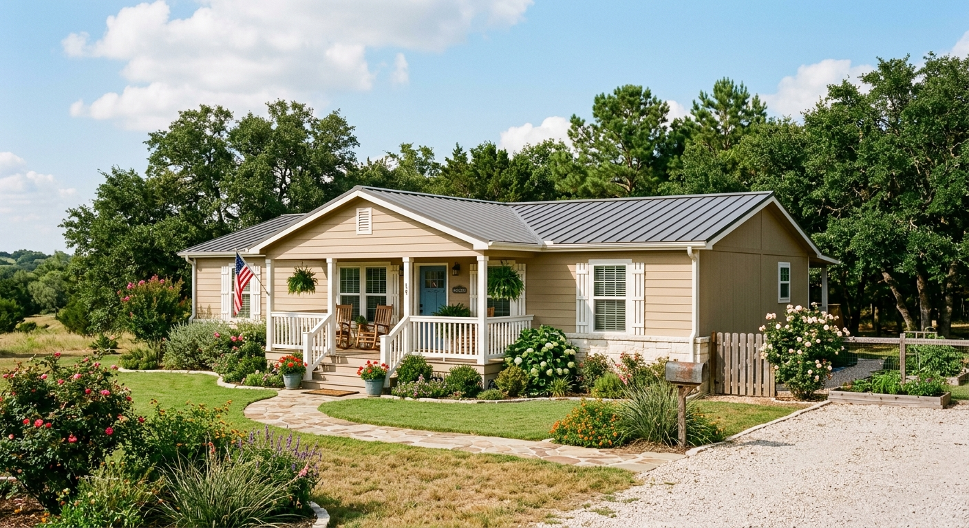 A well-maintained double-wide manufactured home with a covered porch on a sunny Texas afternoon, surrounded by a neatly kept