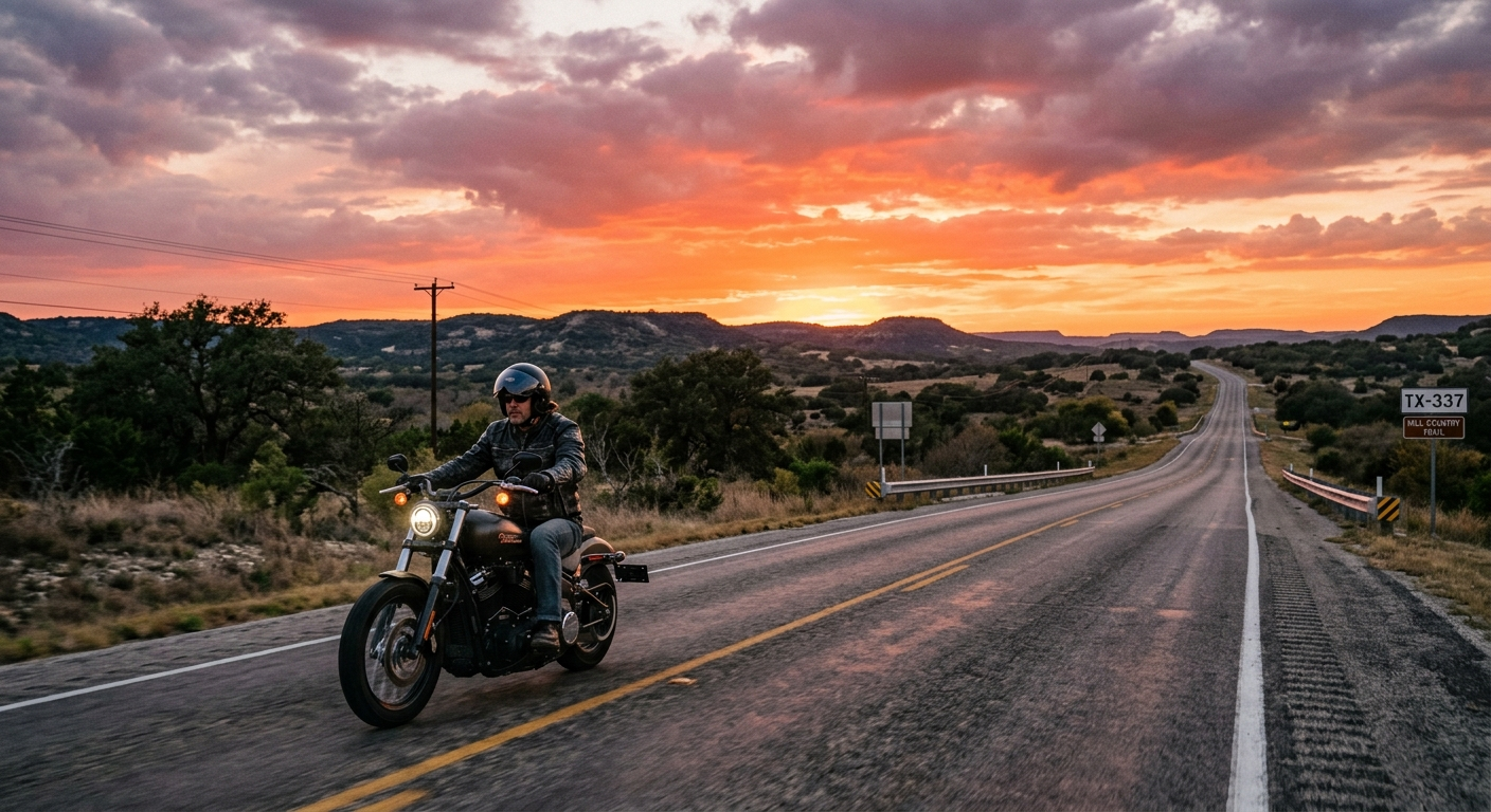 Motorcyclist riding on a Texas highway through rolling Central Texas hills on a clear sunny day