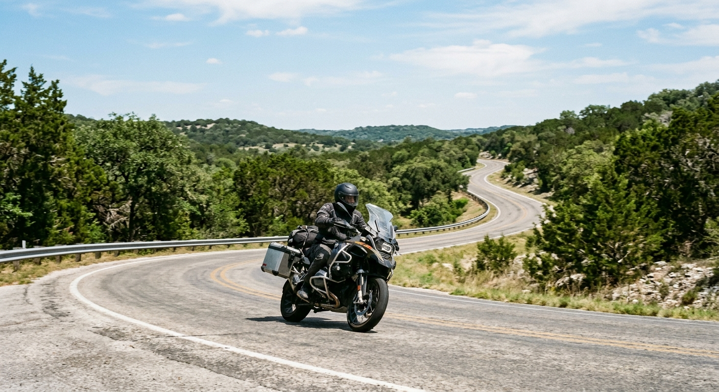 Motorcyclist riding a cruiser on a sunny Texas highway with open fields stretching to the horizon