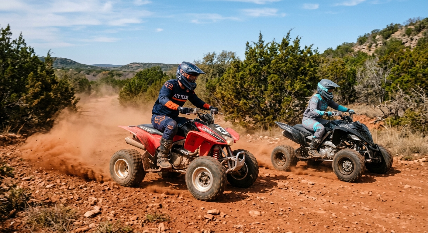Two riders in helmets on a UTV side-by-side navigating a dusty dirt trail through Central Texas scrubland
