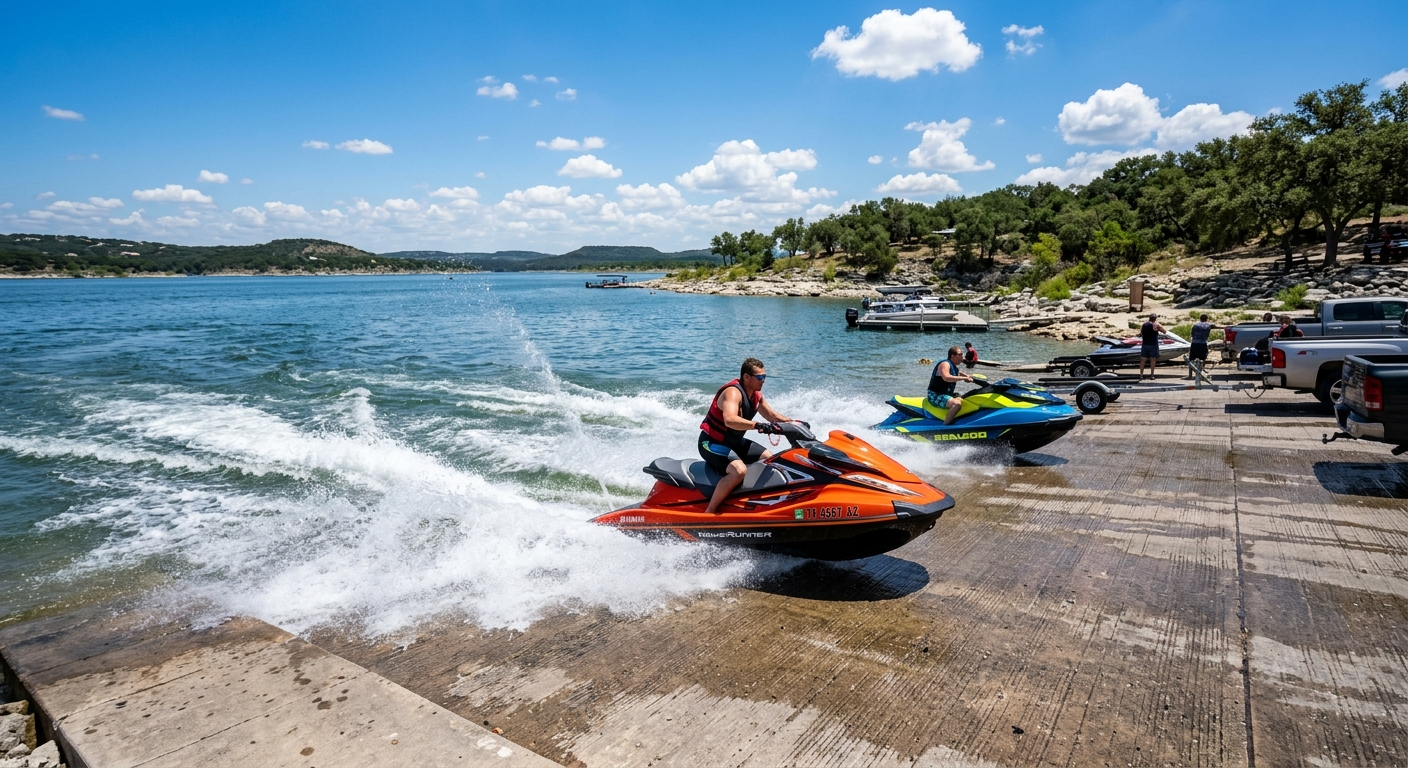 Two jet skis speeding across a sunny Texas reservoir with green hills in the background