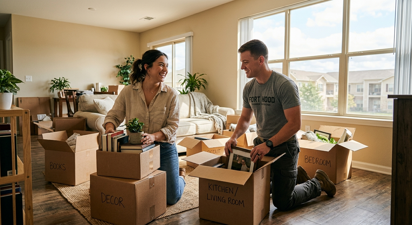 Young couple reviewing renters insurance documents at a kitchen table in a Killeen Texas apartment