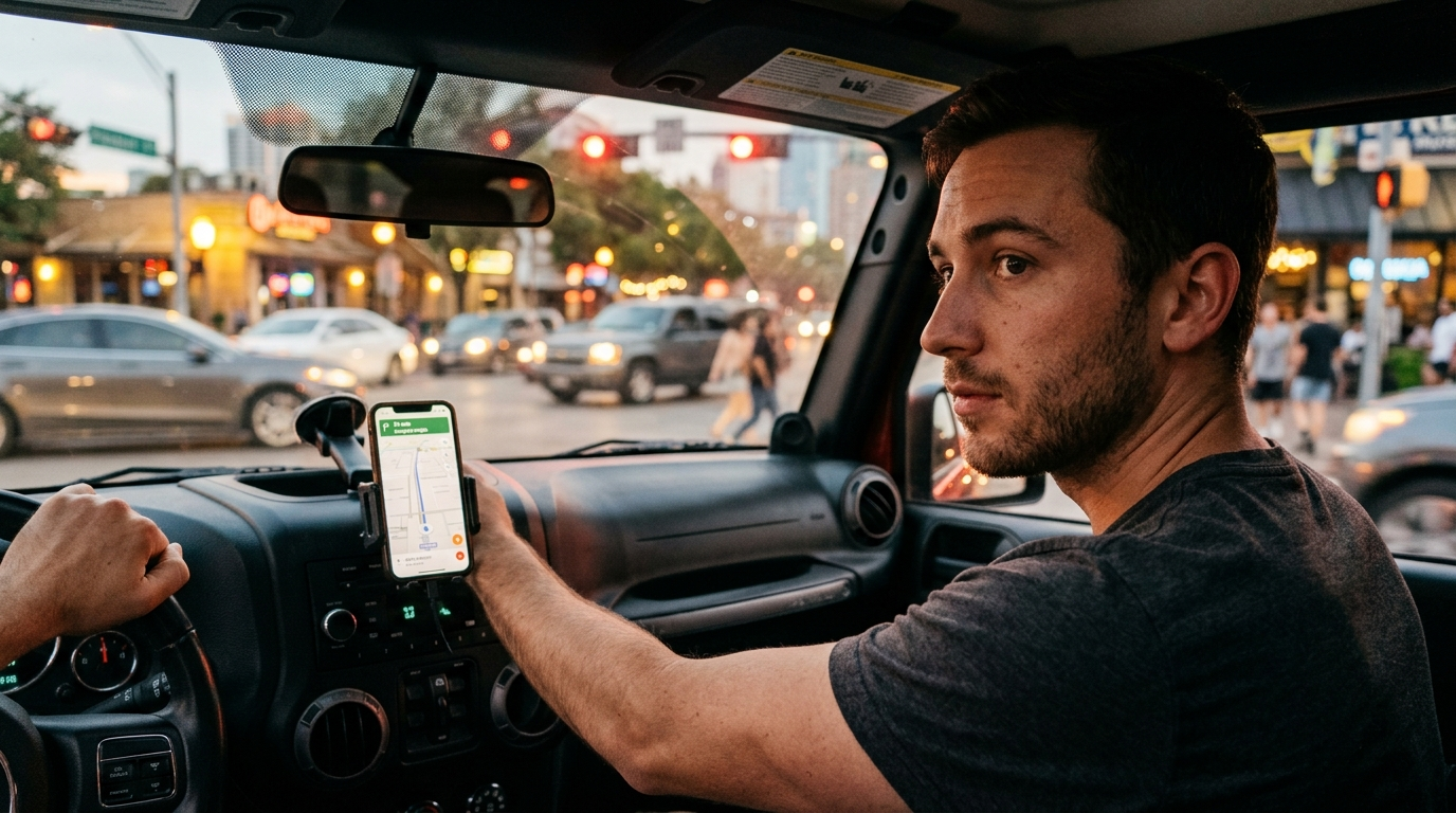 A rideshare driver in a sedan at a Central Texas intersection, phone mounted on dashboard showing a rideshare app