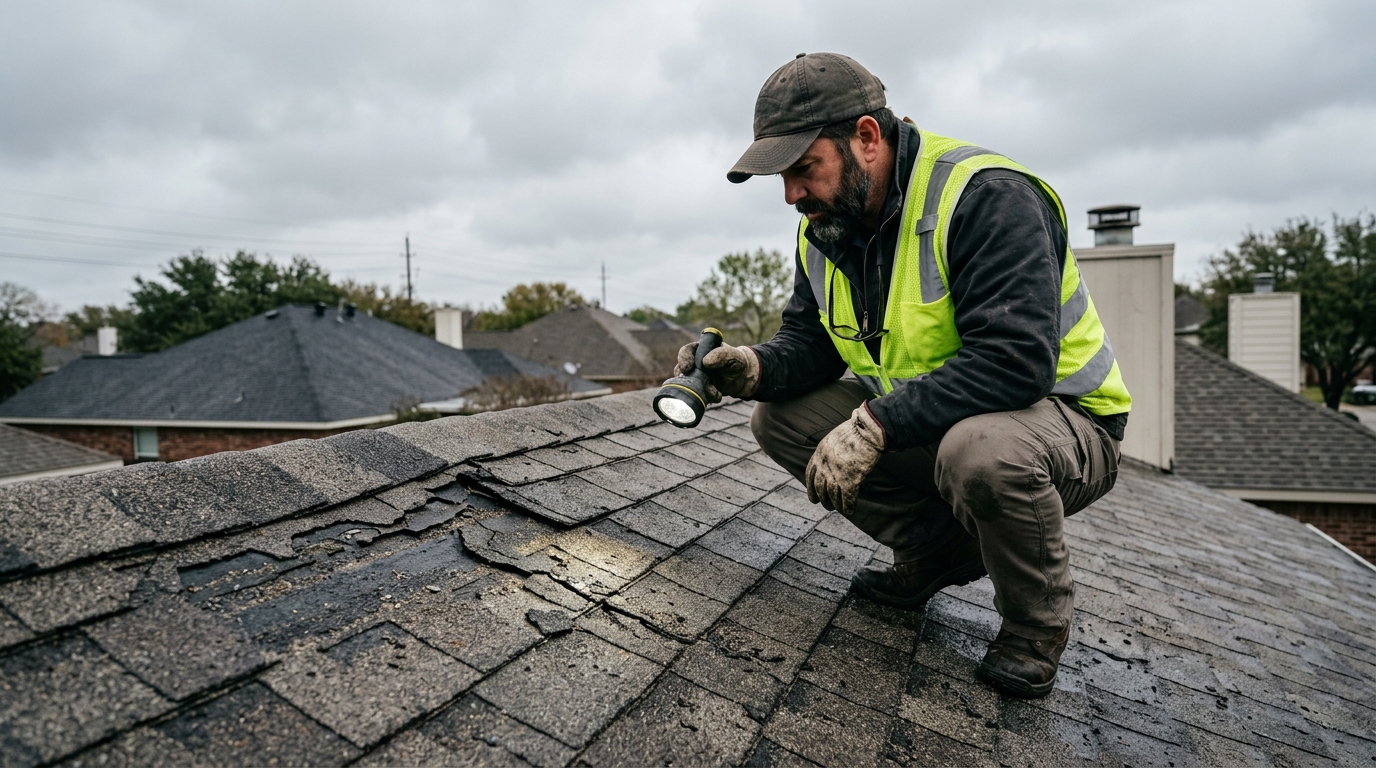 Closeup of hail-damaged asphalt shingles on a Central Texas home roof after a storm