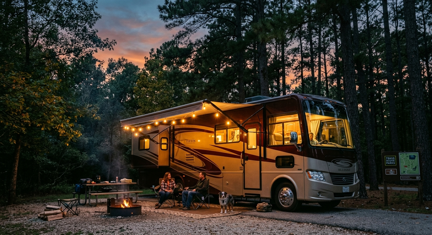 A travel trailer parked at a Texas campsite near a lake with blue skies and grassy terrain in the background