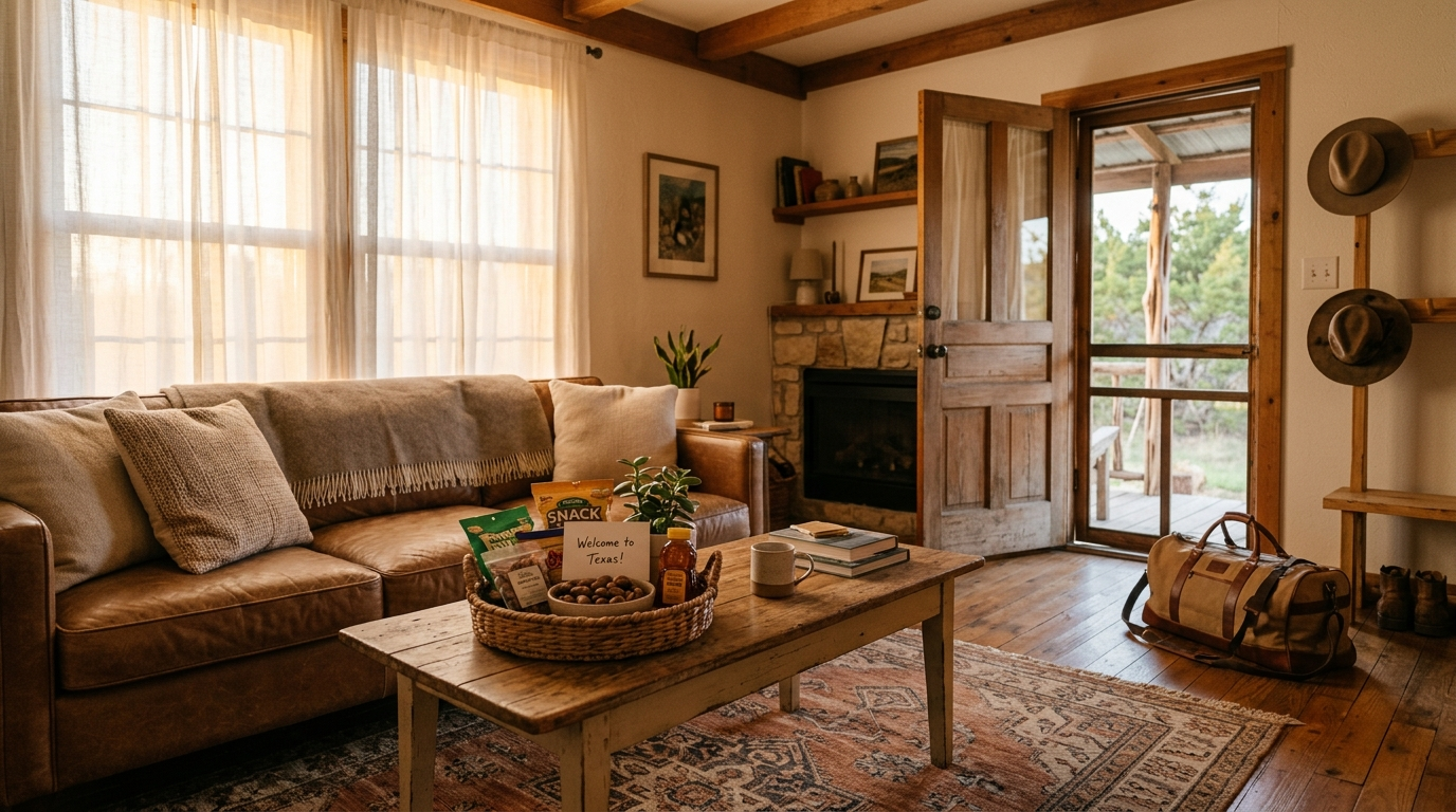 Cozy furnished Texas vacation rental home with a covered porch and blue sky, ready for short-term guests