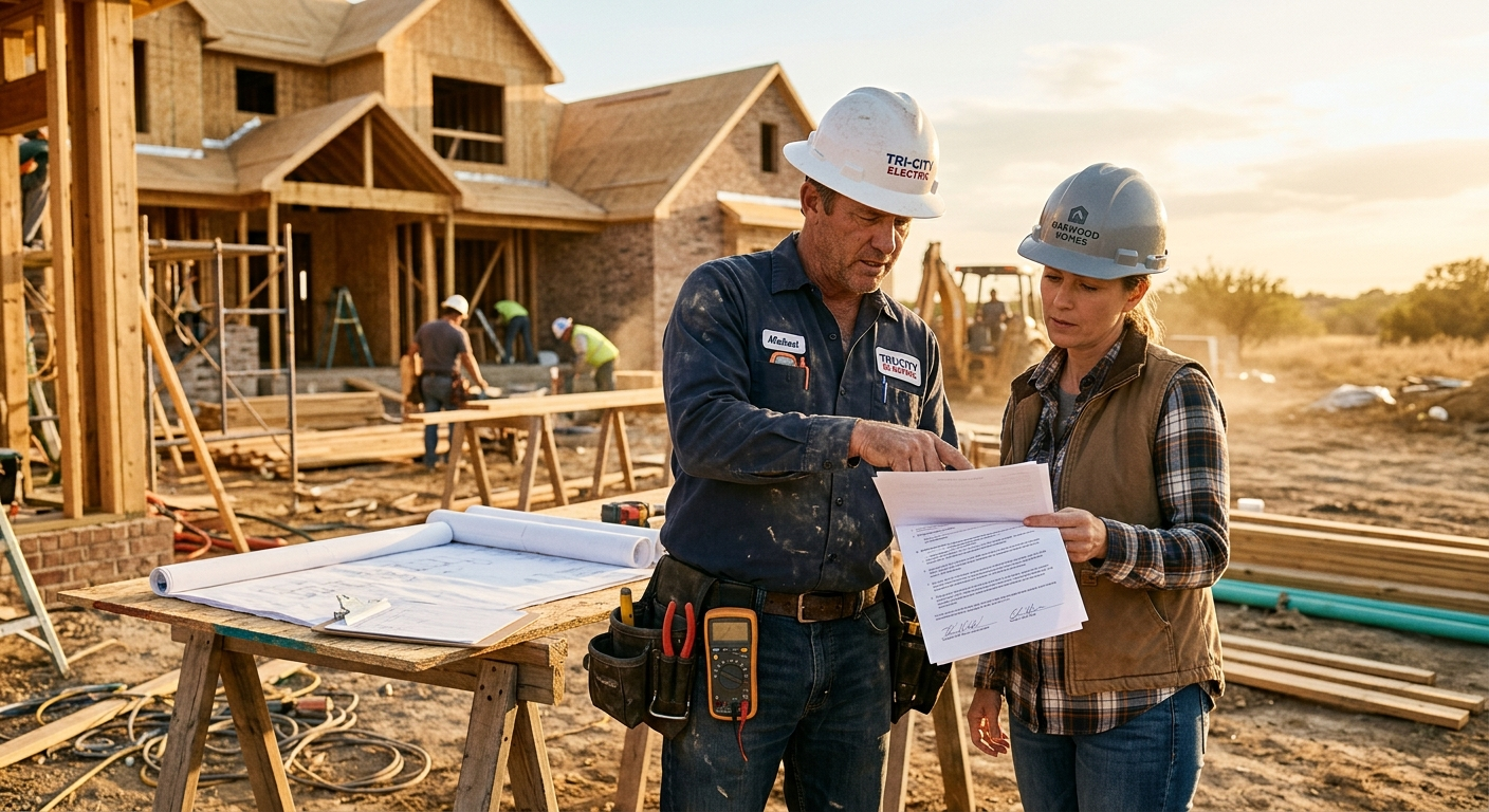 Construction crew on a framed Texas home with scaffolding under a clear sky