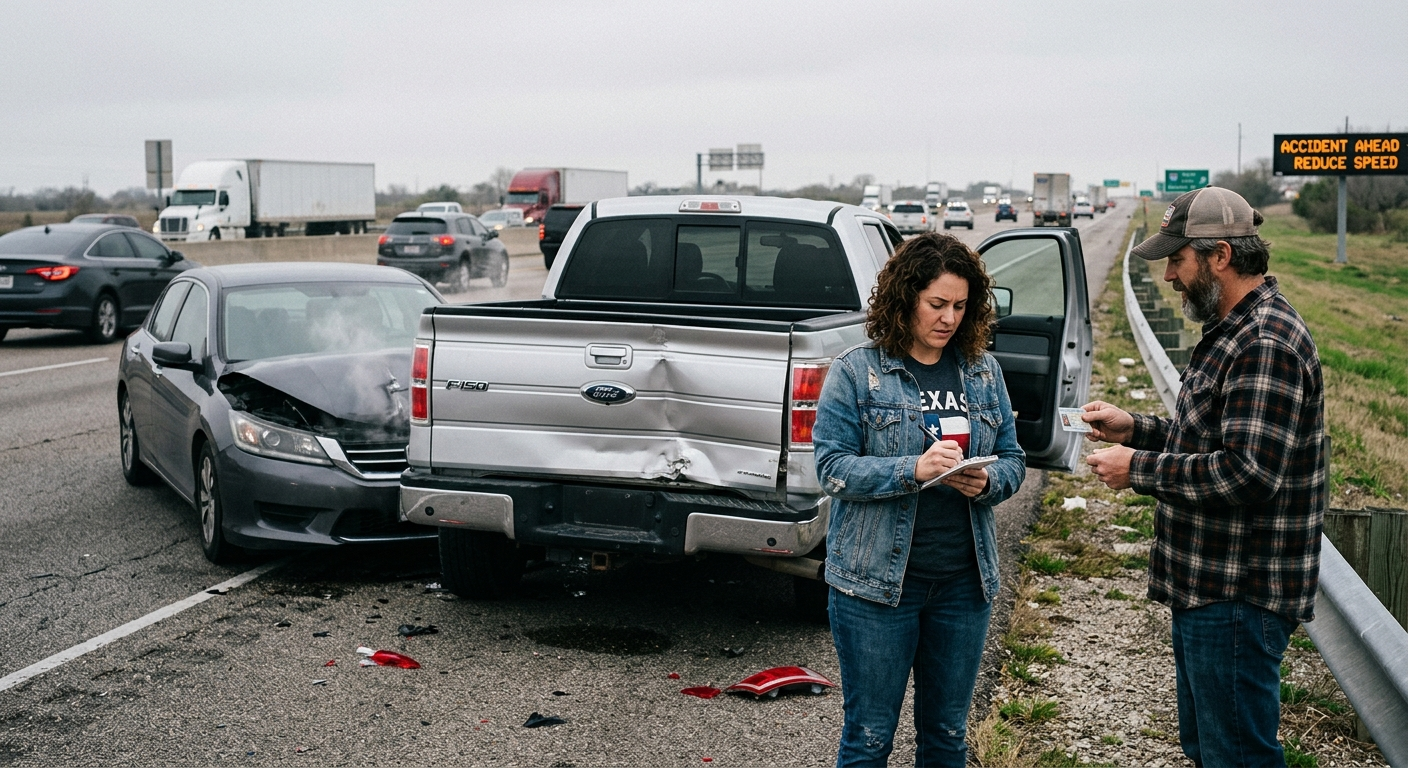 Two cars at a busy Texas intersection on a sunny afternoon, one with visible front-end damage after a collision