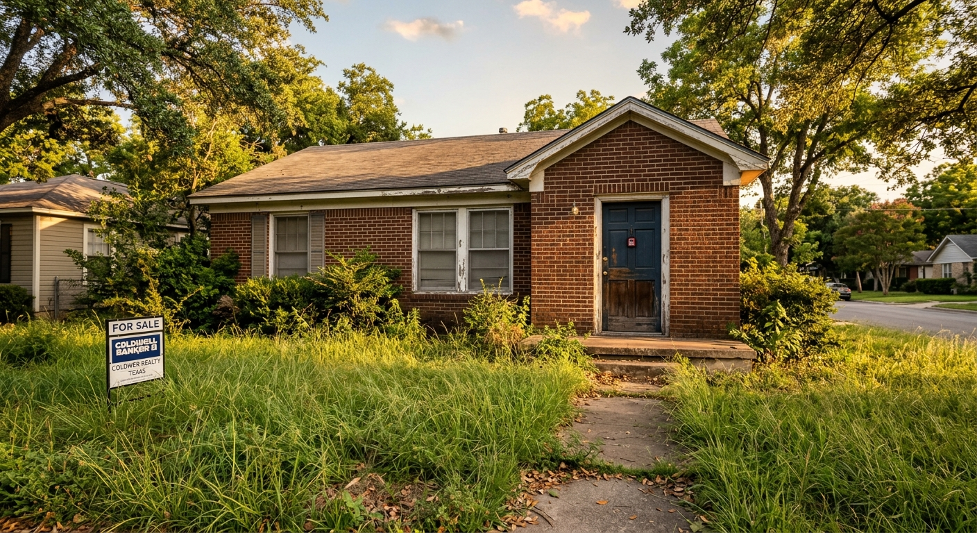 Empty house with overgrown lawn and locked front door on a quiet Texas street under a partly cloudy sky