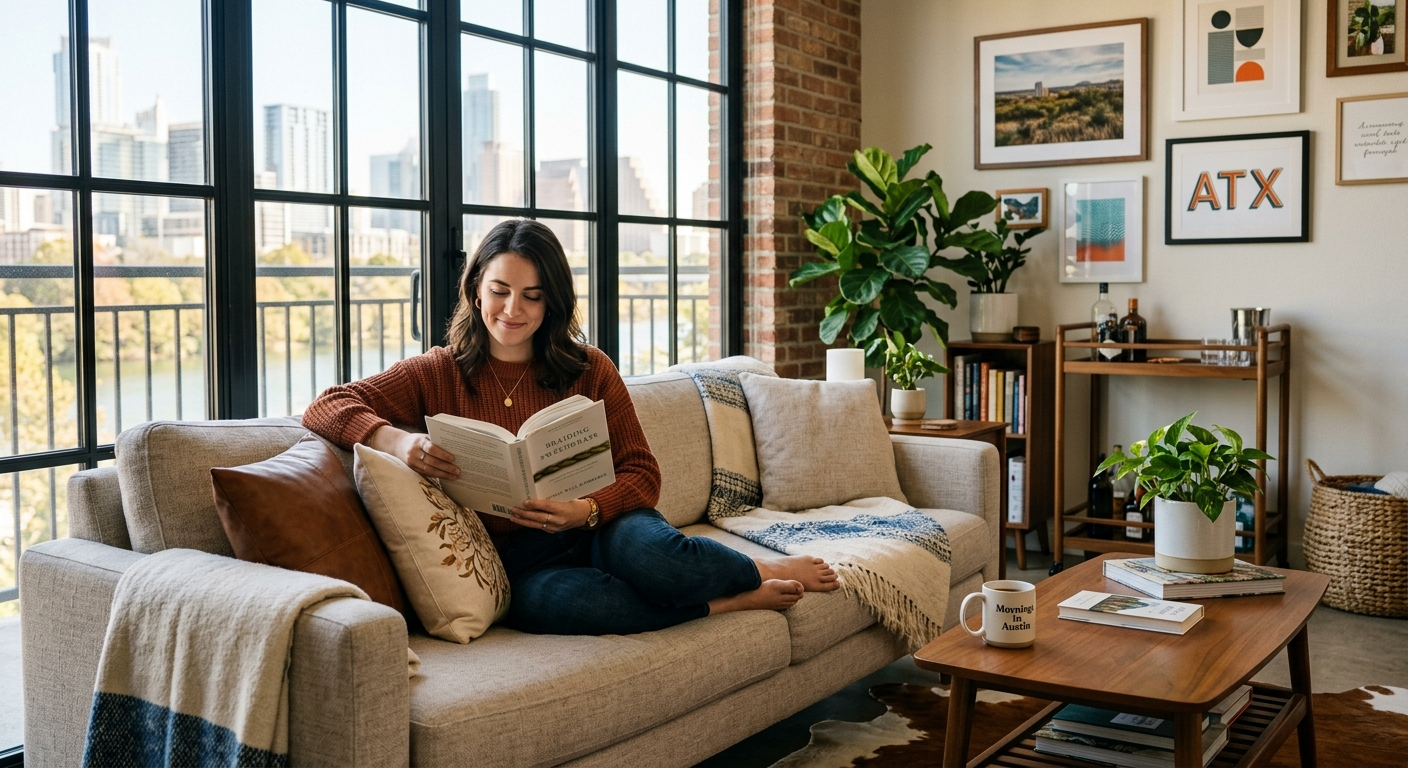 Young woman reviewing renters insurance documents at a kitchen table in a furnished apartment in Central Texas