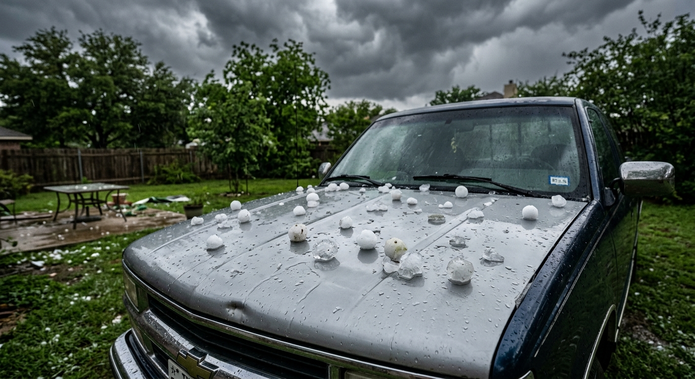 Large hailstones covering a suburban Texas home's roof and lawn after a severe Central Texas thunderstorm
