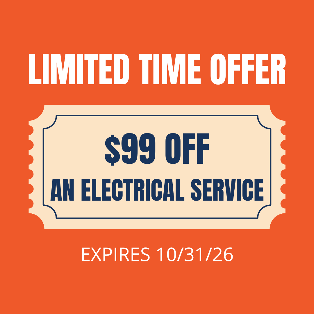 Orange promo ad offering $99 off an electrical service, limited time, expires 10/31/26