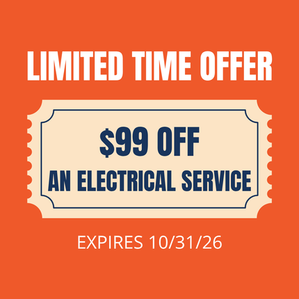 Limited-time offer: $99 off electrical service, expires 10/31/26 on orange background