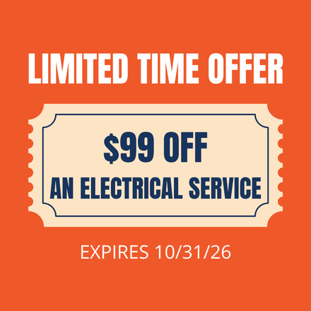 Limited-time offer: $99 off electrical service, expires 10/31/26, on orange background