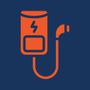 Orange charging battery icon with a plugged-in cable on a dark blue background