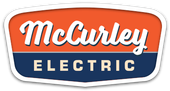McCurley Electric logo in white script on orange and blue background