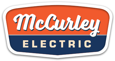 McCurley Electric logo in white script on orange and blue background