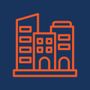 Orange line icon of three buildings on a blue background