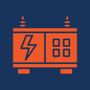 Orange electric generator icon with lightning bolt and control panel on blue background