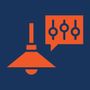 Orange pendant lamp and speech bubble with slider controls on a dark blue background