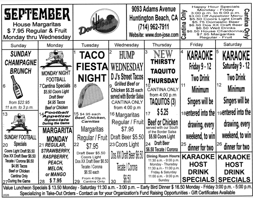 Don Jose Mexican Restaurant Monthly Fiesta Calendar