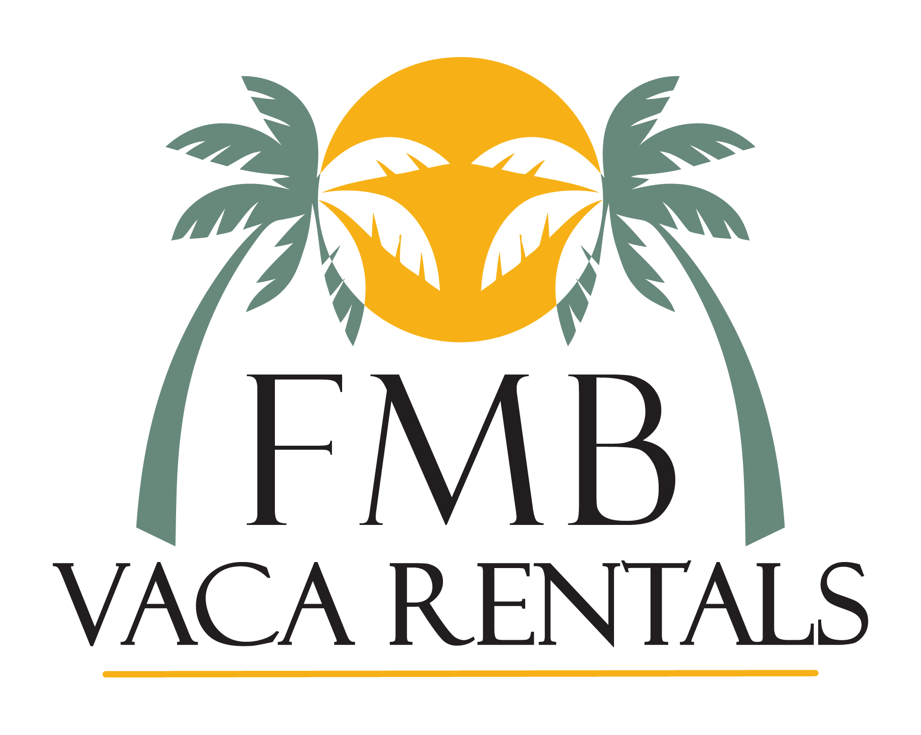 FMB Vaca Rentals logo: Palms flanking a yellow sun over black