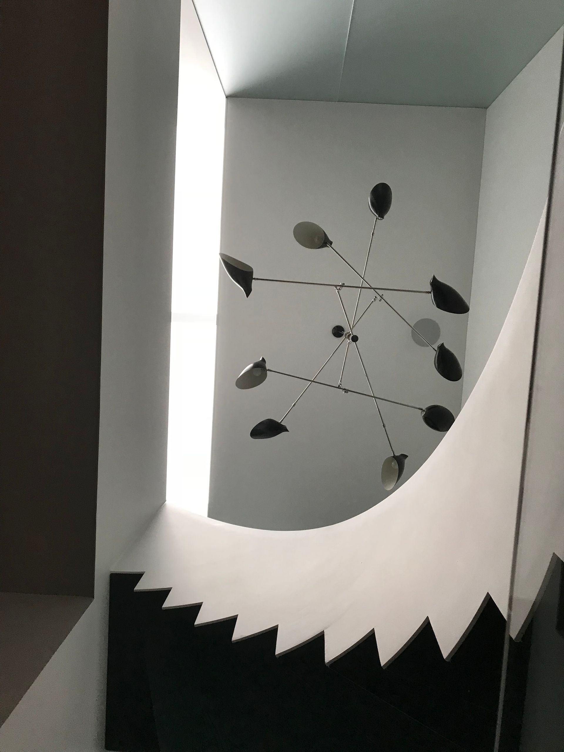 En regardant un escalier courbe avec une rampe noire et un plafonnier moderne