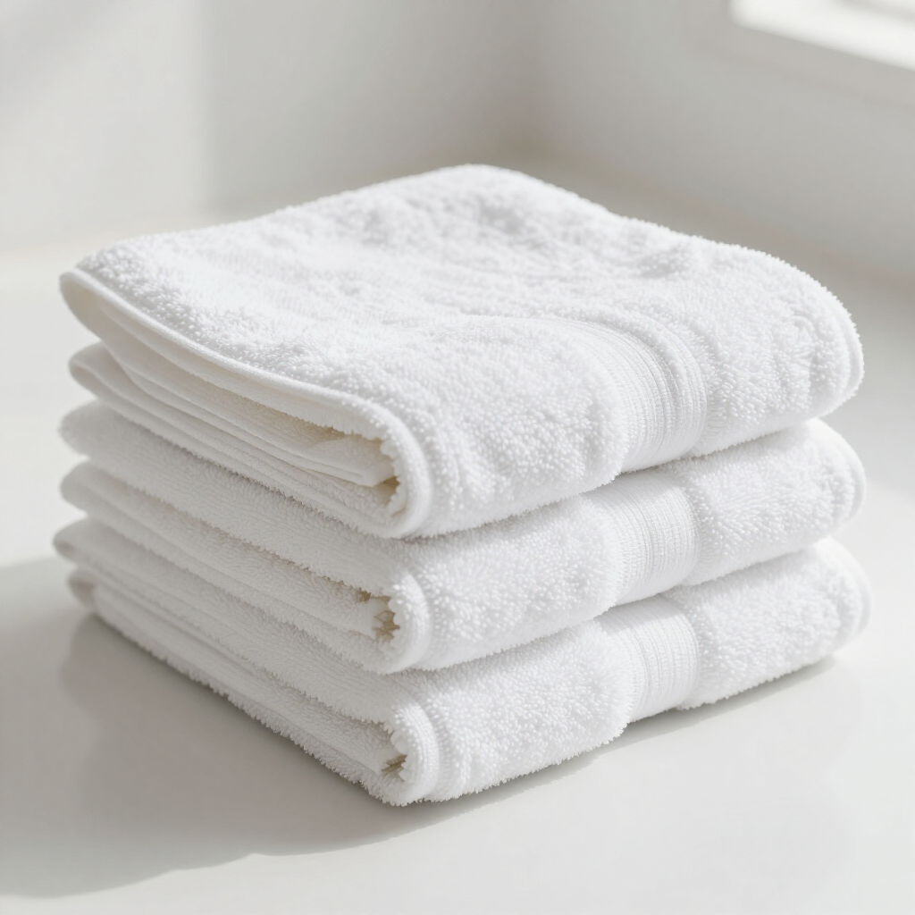 Toallas hoteleras blancas dobladas para baño