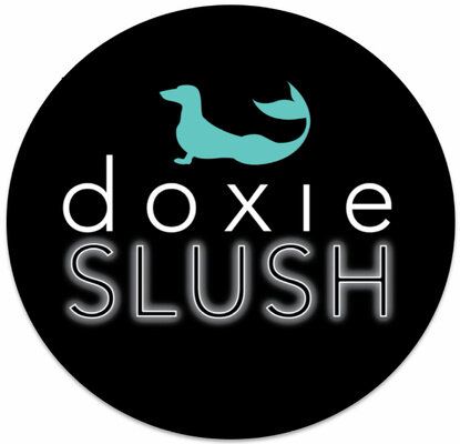 Black circle logo with turquoise dachshund and 