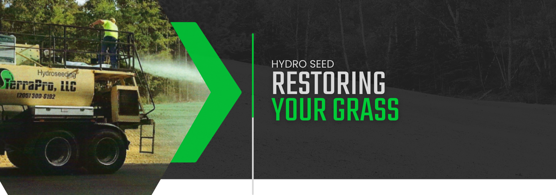 Yellow road roller beside green chevron and text “Restoring Your Grass” on dark background