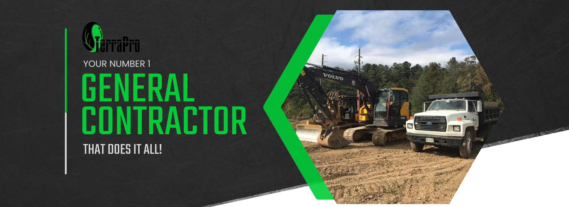 General contractor logo with green text and a construction site photo in a hexagon frame