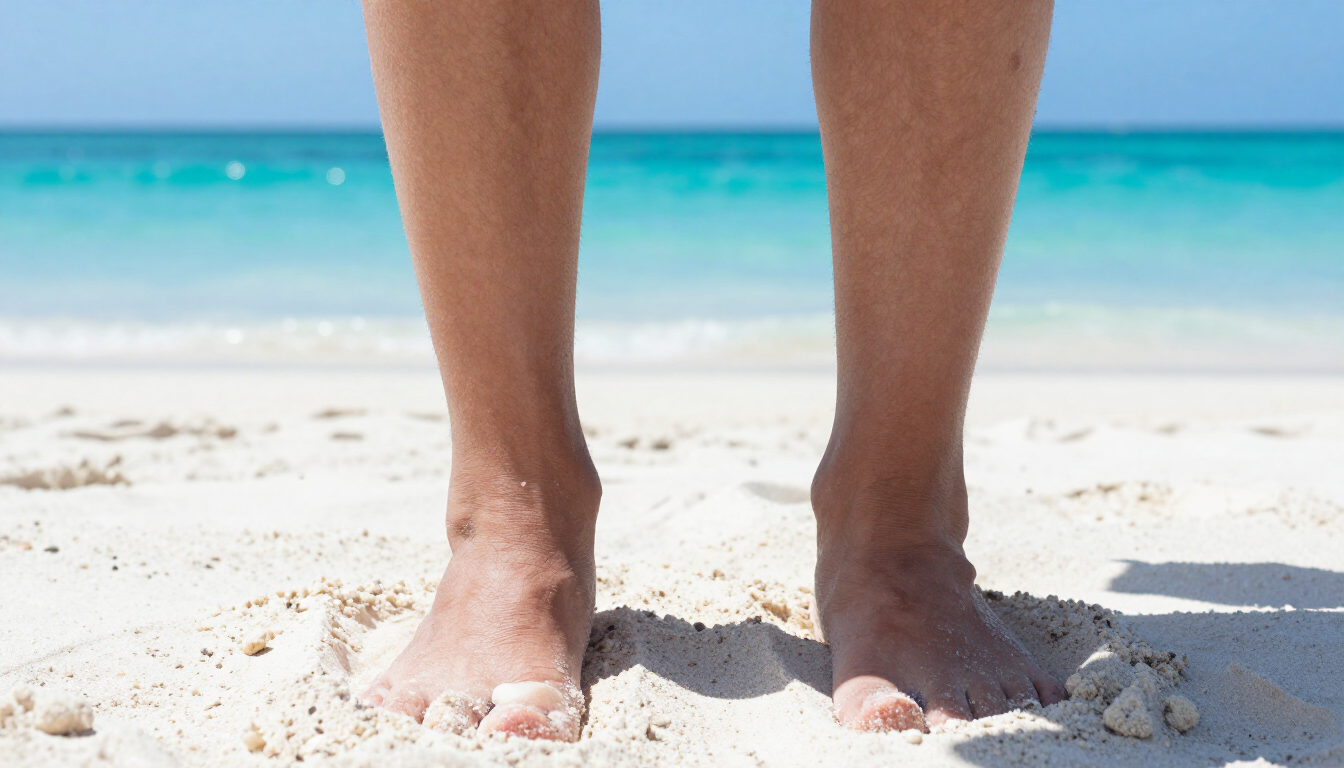 Feet on a sunny beach during summer.