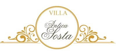 Logo dorato di Villa Antica Sosta con volute ornamentali ed emblema circolare su sfondo bianco.