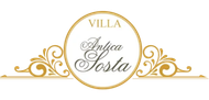 Logo ornamentale dorato con la scritta “Villa Antica Sosta” su sfondo bianco.