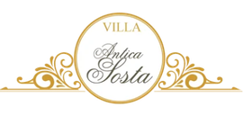 Logo dorato di Villa Antica Sosta con volute ornamentali ed emblema circolare su sfondo bianco.