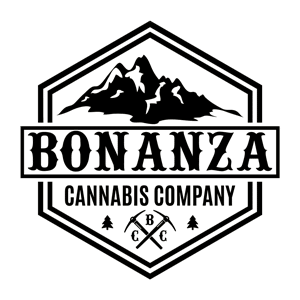 Black and white logo of Bonanza Cannabis Company featuring a mountain peak, pickaxes, and trees inside a hexagon.