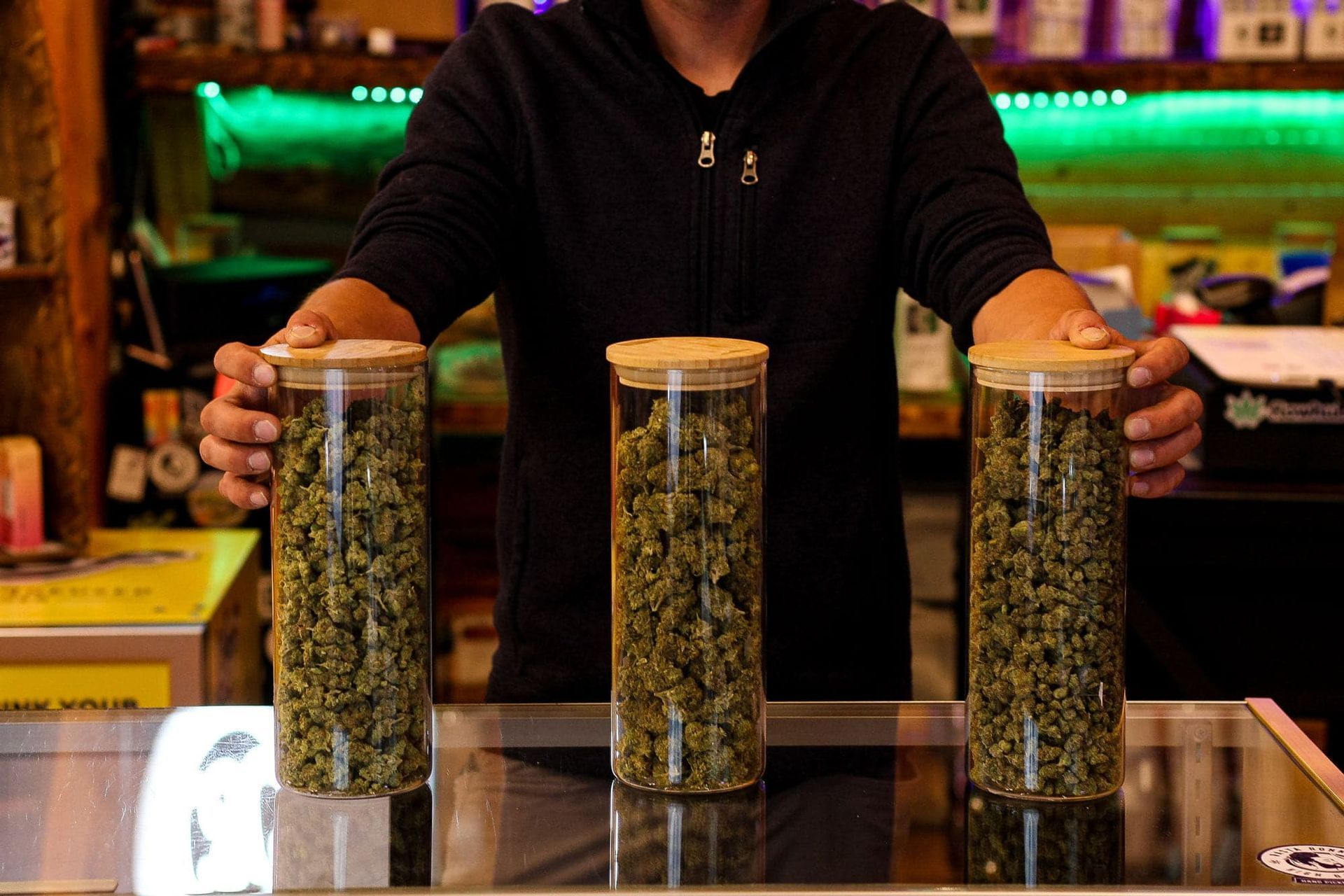 A person standing behind a counter holds three clear glass jars filled with cannabis buds in a retail store setting.