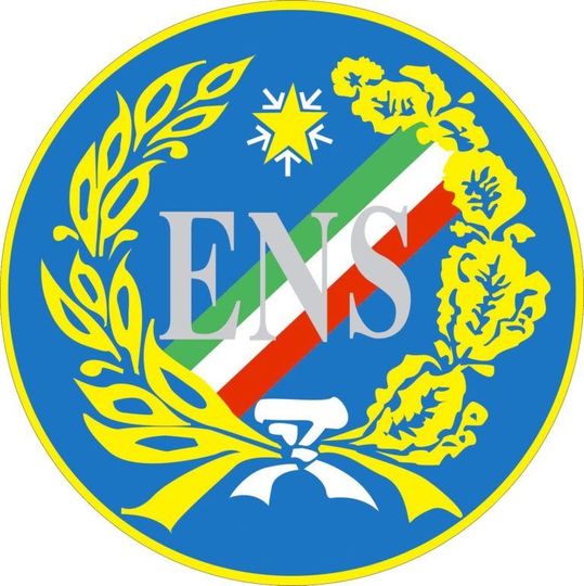Emblema circolare blu con alloro dorato, stella, striscia diagonale verde-bianco-rossa e lettere bianche «EKS»