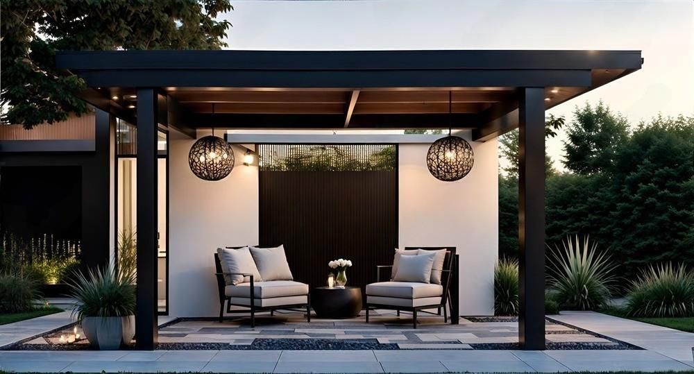 there is a pergola with chairs and a table underneath it .