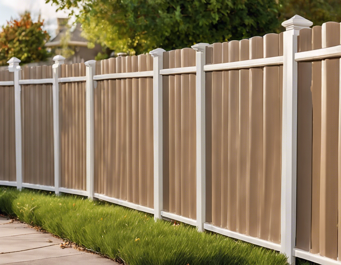 A brown and white fence surrounds a lush green yard. A brown and white fence surrounds a lush green yard.